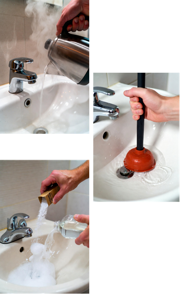 Pour hot water down the drain Use a plunger Try baking soda and vinegar