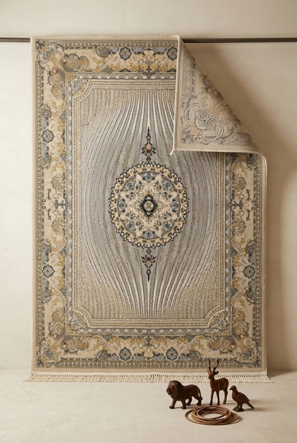 Silver Cream Medallion Rug – Ray pattern field, slim medallion