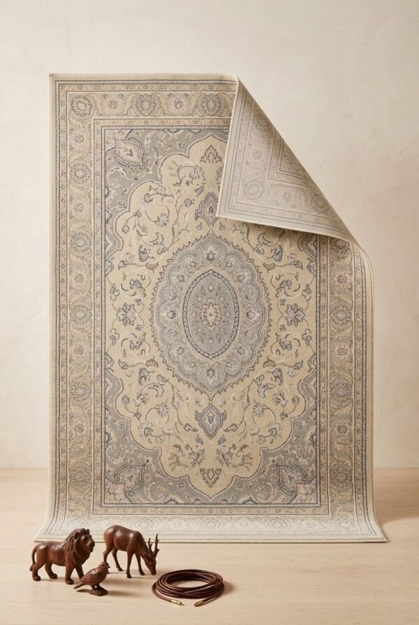 Cream Gold Medallion Rug – Pastel pink and gold, round medallion