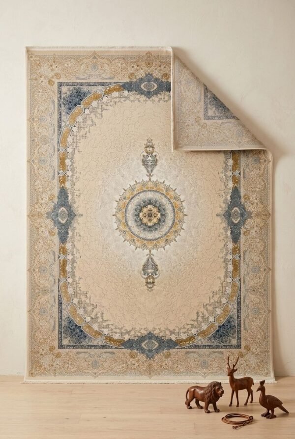 Cream Medallion Rug – Oval frame, blue and gold accents
