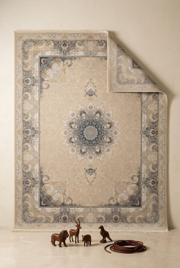Cream Medallion Rug – Star medallion, grey-blue border