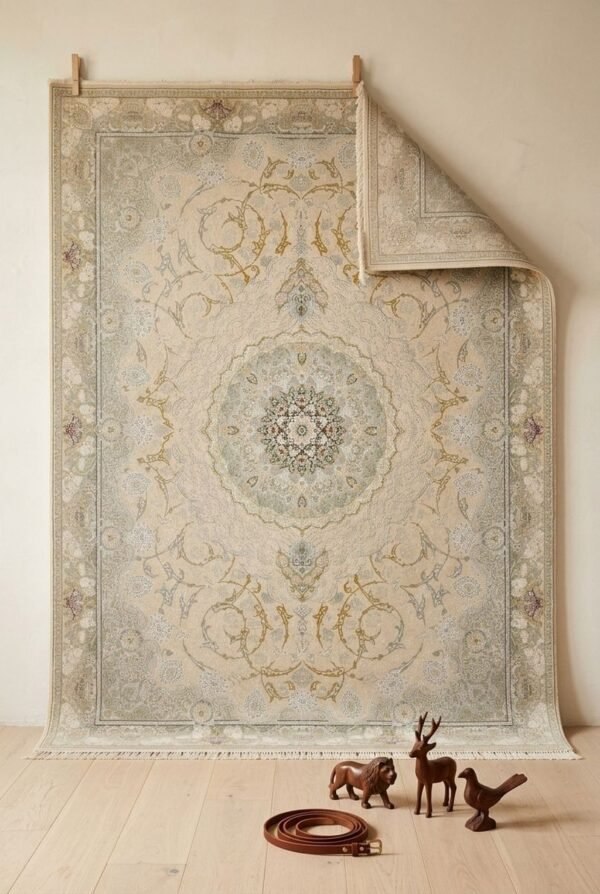 Cream Medallion Rug – Gold arabesque scrolls, round medallion