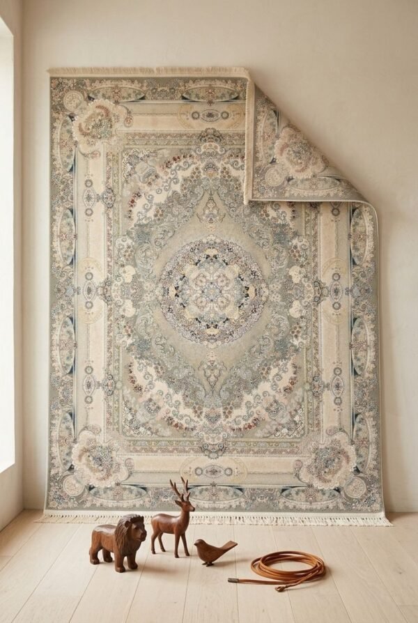 Cream Medallion Rug – Wide frame, round medallion, pink accents