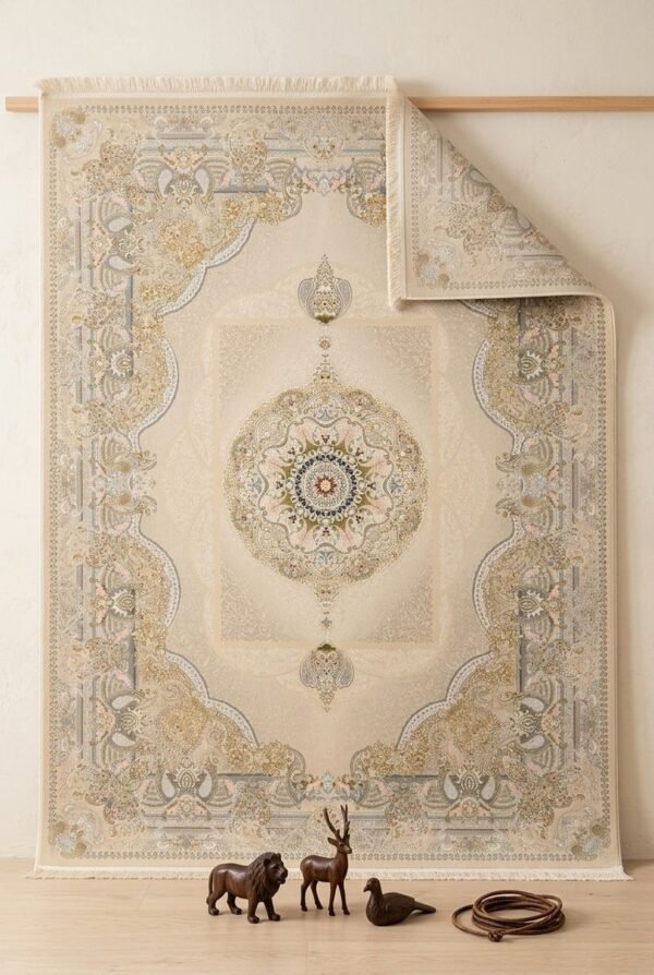 Cream Gold Medallion Rug – Gold frame, round medallion
