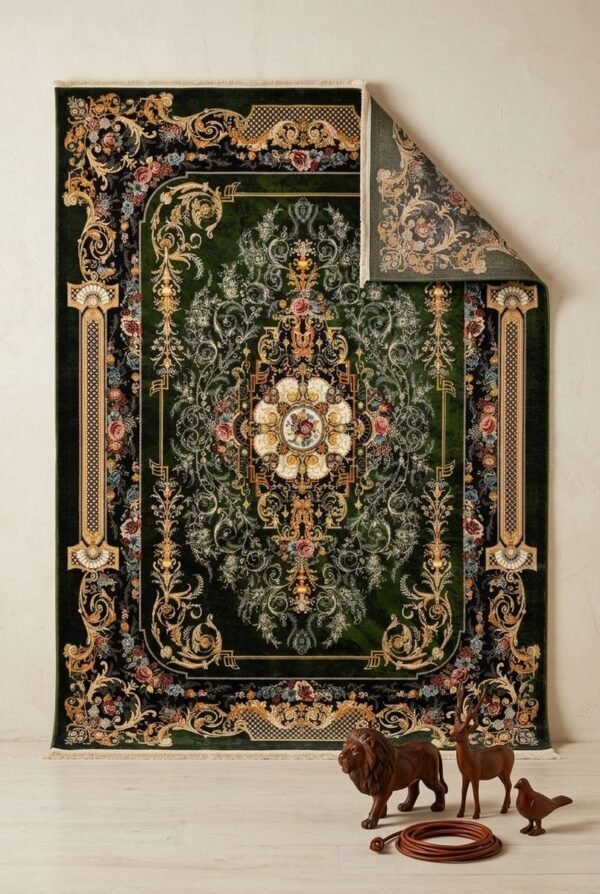 Green Baroque Frame Rug – Ornate baroque scroll frame, floral medallion