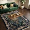 Green Baroque Frame Rug – Ornate baroque scroll frame, floral medallion