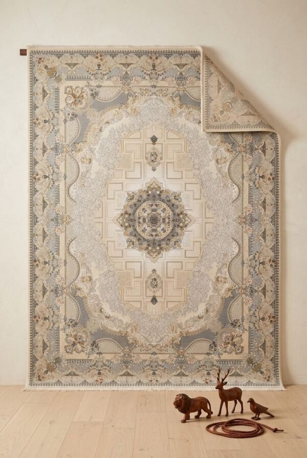 Silver Medallion Rug – Greek-key field, cross medallion