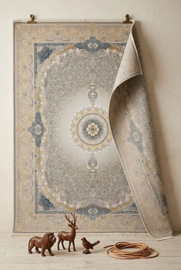 Grey Medallion Rug – Oval frame, blue and gold accents