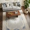 Grey Medallion Rug – Oval frame, blue and gold accents