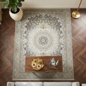 Grey Medallion Rug – Round medallion, taupe accents