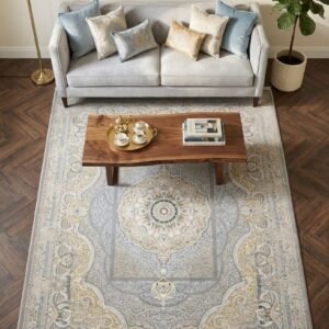 Grey Medallion Rug – Gold frame, inner panel medallion
