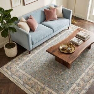 Light Blue All-Over Rug – All-over floral, cream border