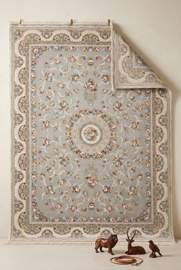 Light Blue Medallion Rug – Scalloped cream border, floral sprays