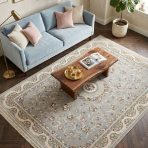 Light Blue Medallion Rug – Scalloped cream border, floral sprays