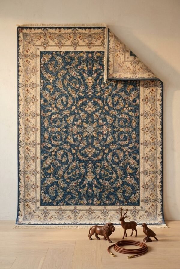 Blue All-Over Rug – All-over floral scroll, cream border