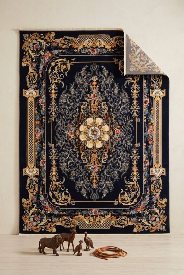 Navy Baroque Frame Rug – Ornate baroque scroll frame, floral medallion