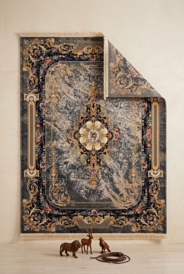 Navy and Grey Baroque Frame Rug – Marble-effect grey field, baroque frame