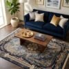Navy and Grey Baroque Frame Rug – Marble-effect grey field, baroque frame