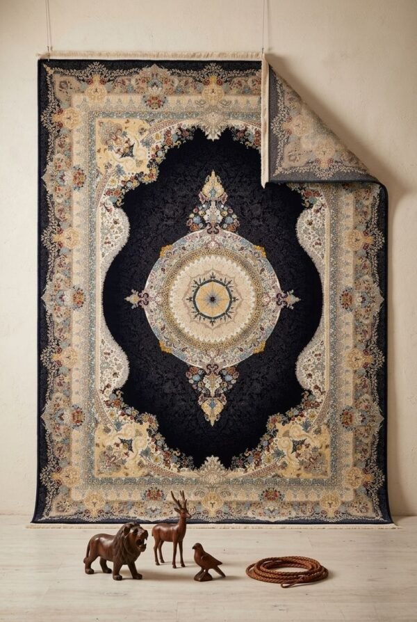 Navy Medallion Rug – Cream border, round centre medallion