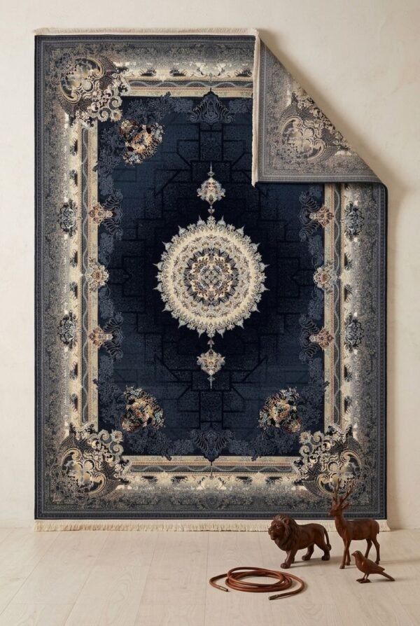 Navy Medallion Rug – Silver border, geometric field, round medallion