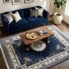 Navy Medallion Rug – Silver border, geometric field, round medallion