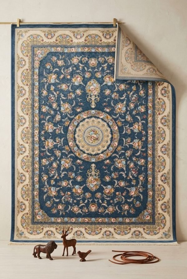 Blue Medallion Rug – Cream scalloped border, floral sprays