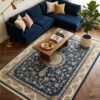 Blue Medallion Rug – Cream scalloped border, floral sprays