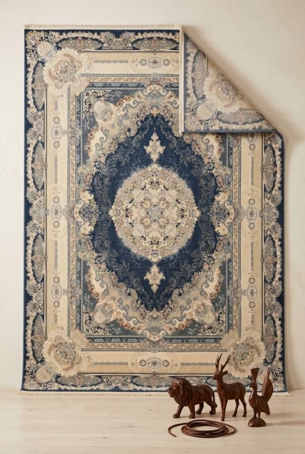 Navy Medallion Rug – Cream frame, diamond medallion