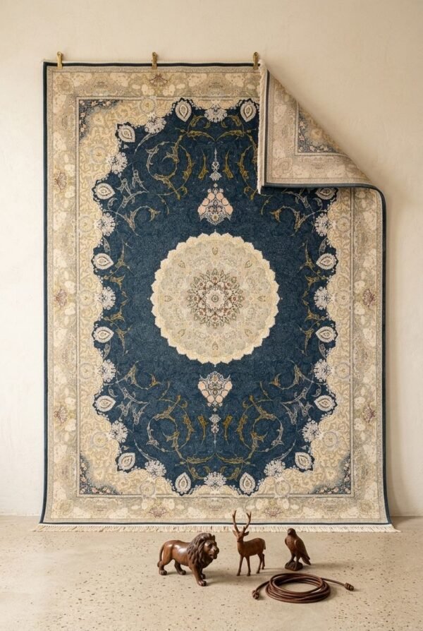 Blue Medallion Rug – Gold arabesque scrolls, round medallion