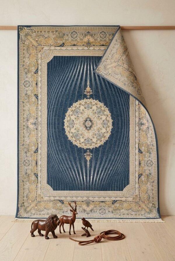 Teal Blue Medallion Rug – Ray pattern field, round medallion