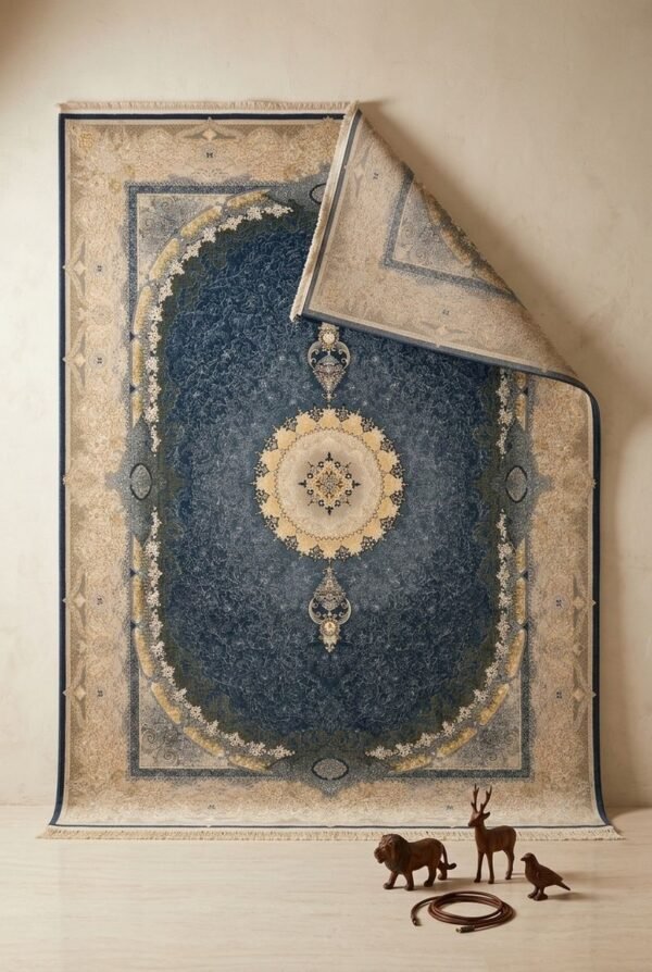 Blue Medallion Rug – Oval field on beige, round medallion