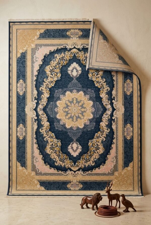 Navy Medallion Rug – Gold and cream frame, large medallion
