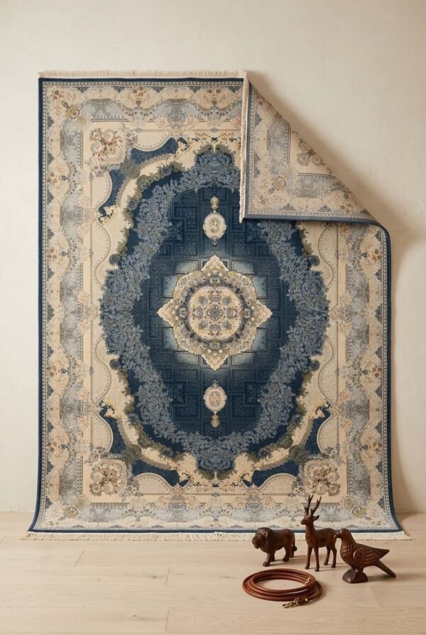 Navy Medallion Rug – Greek-key field, cream border