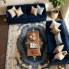 Navy Medallion Rug – Greek-key field, cream border