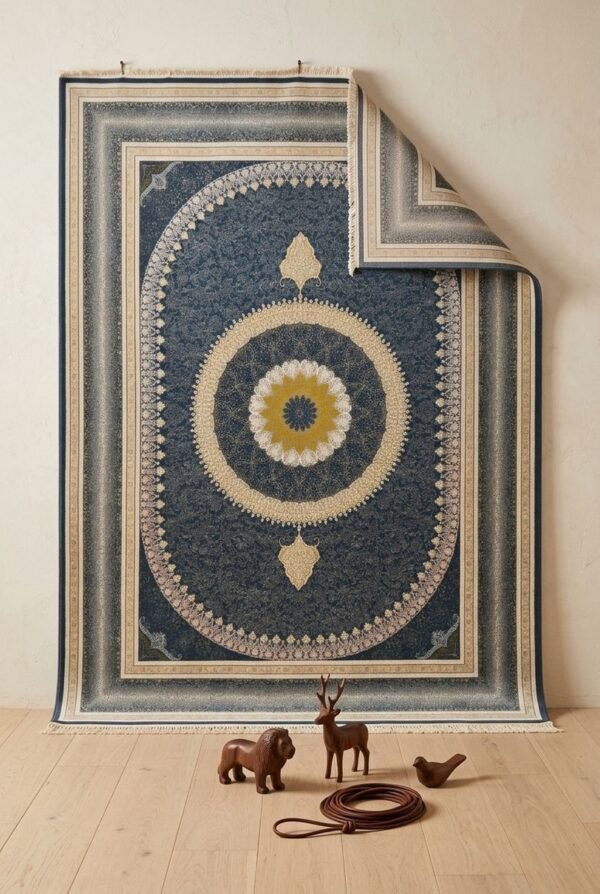 Navy Medallion Rug – Gold sunburst oval medallion