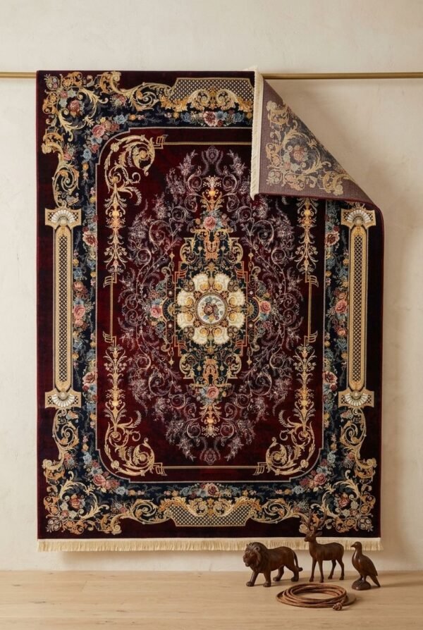 Burgundy Baroque Frame Rug – Ornate baroque scroll frame, floral medallion