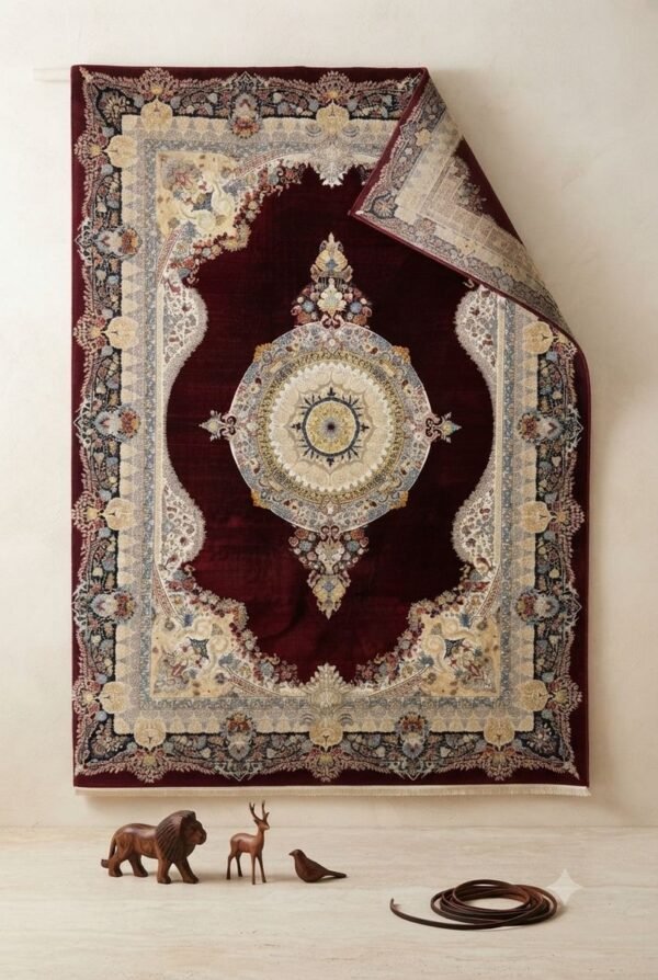 Red Medallion Rug – Cream border, round centre medallion