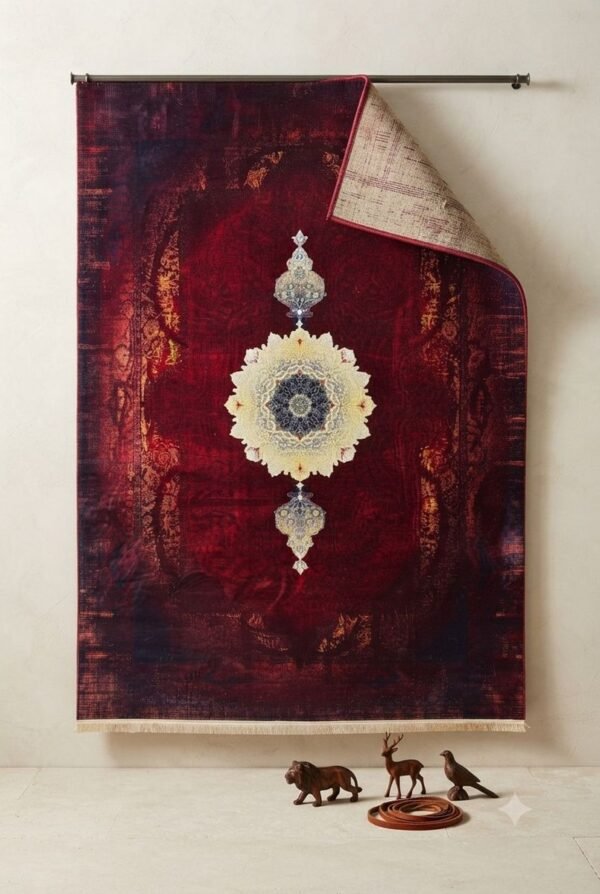 Red Vintage Medallion Rug – Distressed vintage red, single medallion
